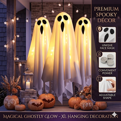 LED Hanging Ghost Decorations 3-Pack, Listed 20-Inch White Polyester Halloween Ghosts for Indoor Parties and Suitable Porch, Tree and Yard Displays