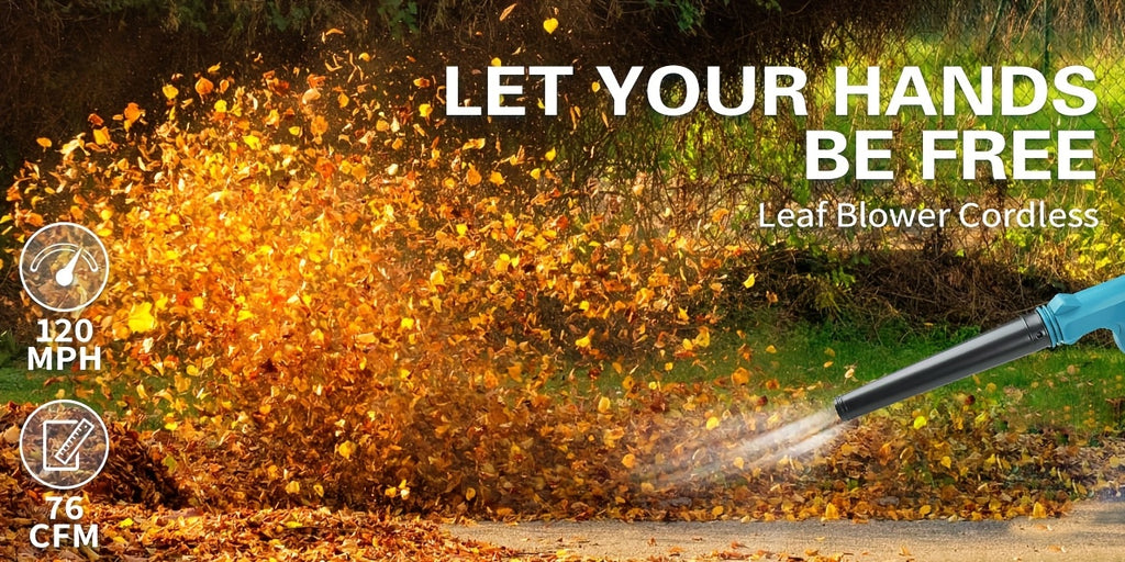 Blue and Orange Cordless Handheld Leaf Blower with Listed 21V Lithium Battery and Extension Tube, One- or Two-Battery Options for Yard and Garden Cleanup