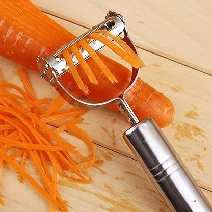 Multi-Use Fruit and Vegetable Peeler in Silvery Stainless Steel, Single Manual Kitchen Tool with Slicing, Grating and Shredding References for Home and RV Meal Prep