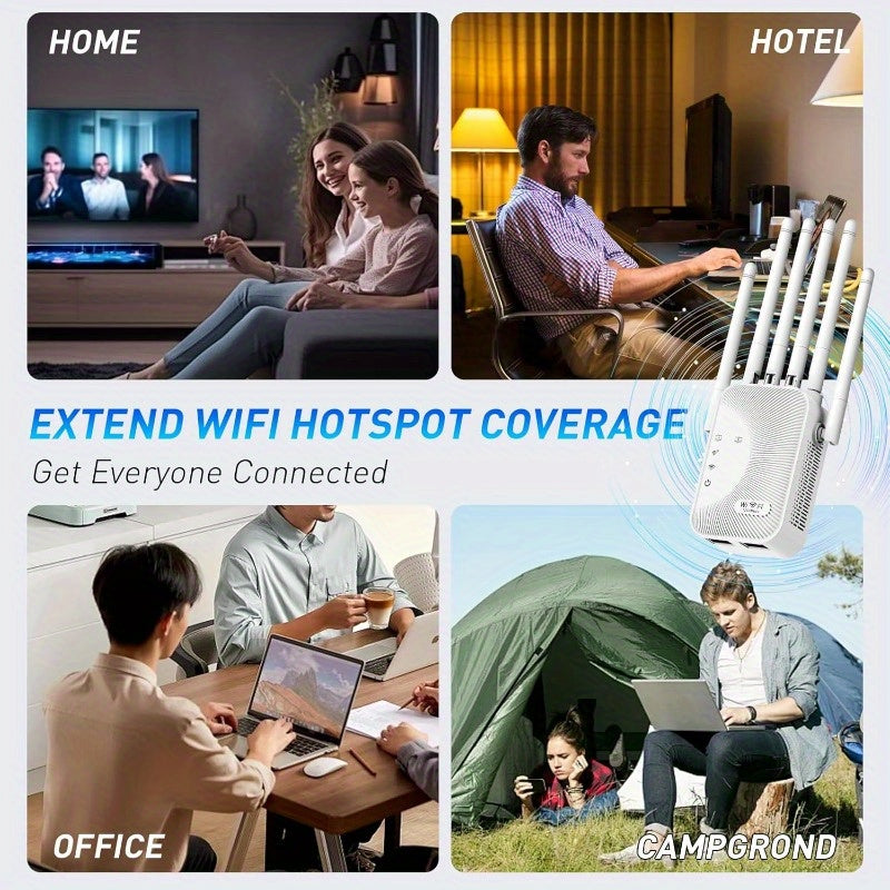 Six-Antenna WiFi Range Extender with Ethernet Port, White Wireless Signal Repeater for Home and Office Network Coverage and Everyday Internet Use