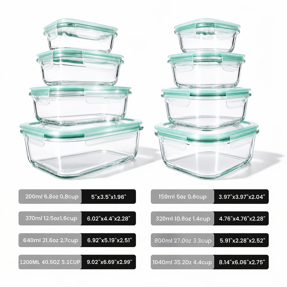 Green Glass Food Storage Containers with Locking Lids and Removable Silicone Seals, 16-Piece or 24-Piece Sets for Meal Prep, Lunches and Leftovers