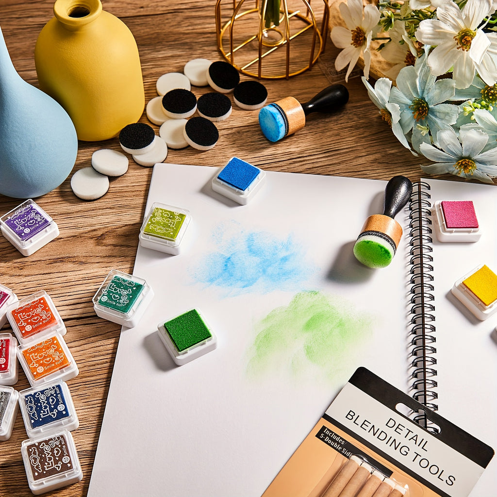 Mini Ink Blending Tool Set with Replacement Foam and Listed 24-Color Stamping Supplies, 52-Piece Option for Scrapbooking, Distressing and Creative Craft Projects