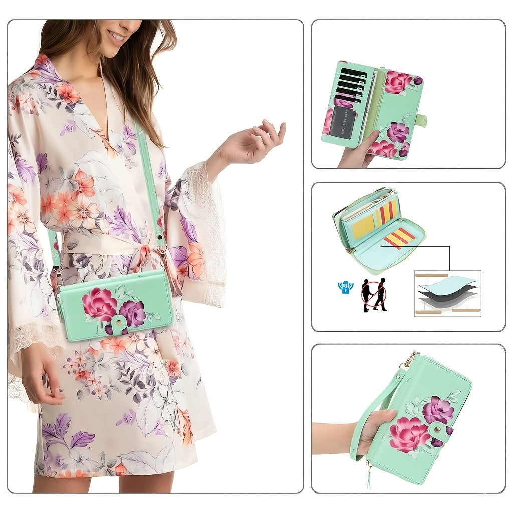 Floral Clutch Wallet for Women with Listed Zipper, Card and Coin Storage, Bow Accessory Reference and Selected Shoulder Strap Styles in Multiple Color Options