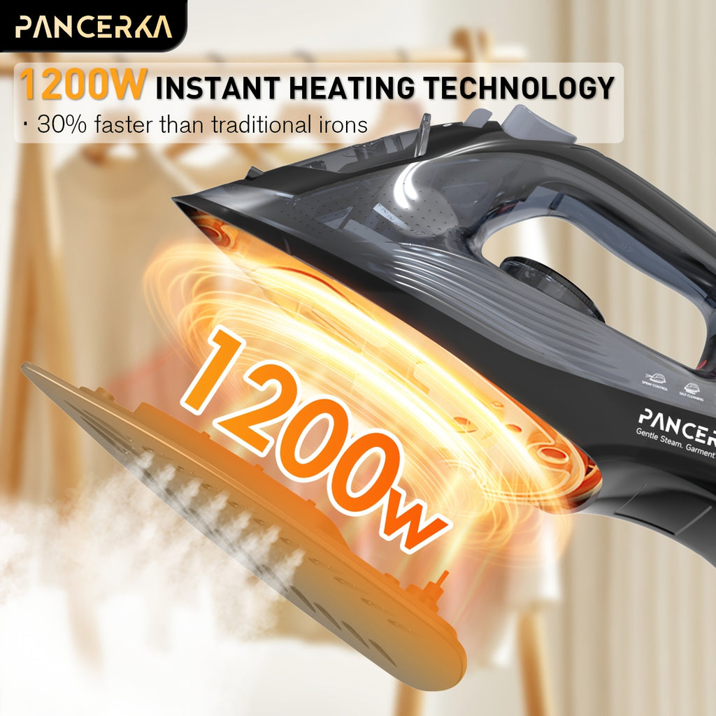 Adjustable Thermostat Steam Iron by PANCERKA, Black Clothes Iron with Listed 1200W Power, Nonstick Soleplate, Variable Steam Control and Overheat Protection Wording