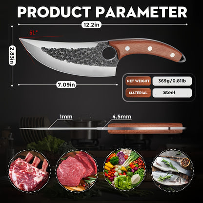 Viking Style Chef Knife with Sheath and Listed Sourwood Handle, Approximately 7-Inch High Carbon Steel Blade for Meat and Vegetable Prep, Camping Cooking and BBQ