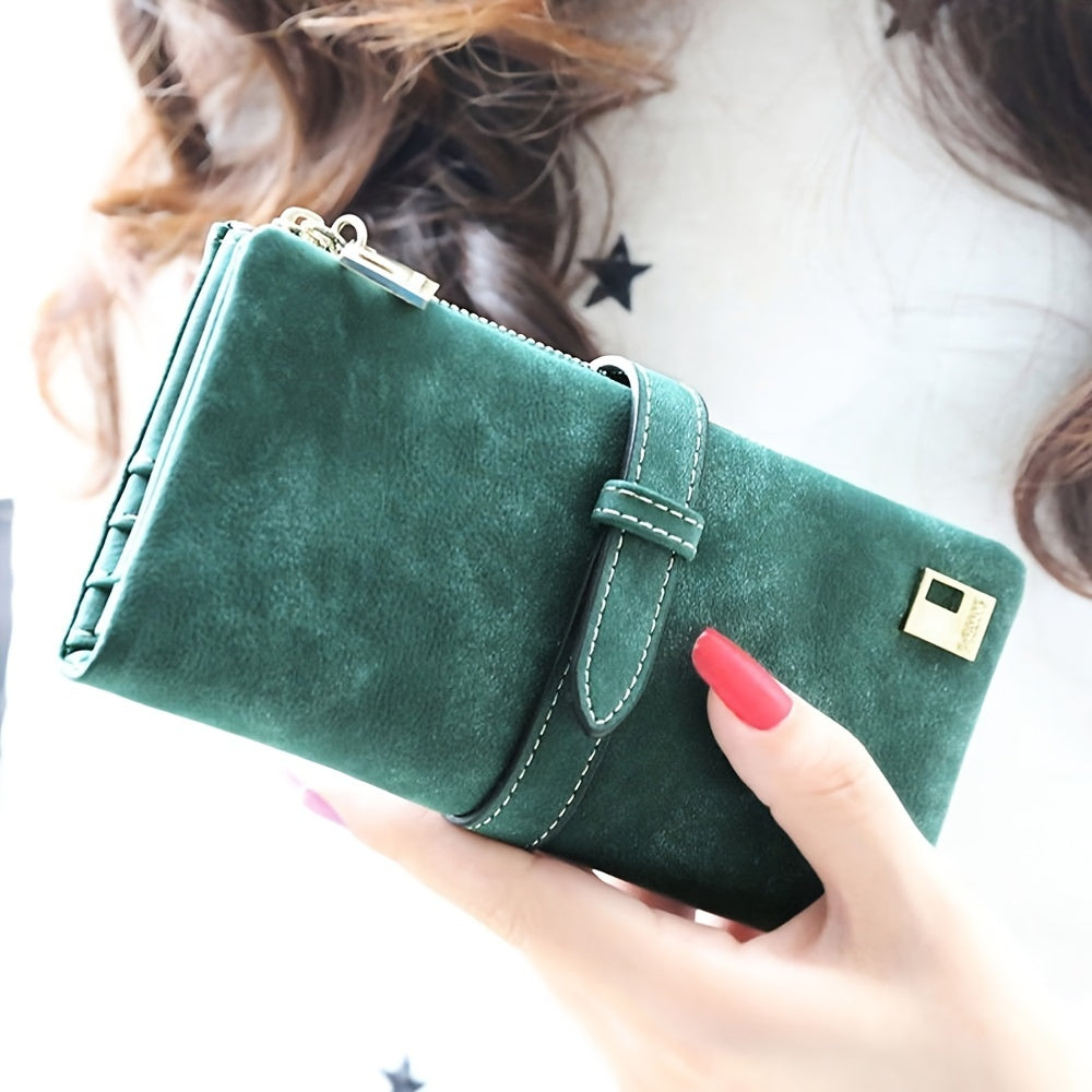 Womens Long Wallet Clutch with Photo Window and Credit Card Organizer, Solid Color Everyday Accessory in Green, Pink, Brown, Dark Blue, Rose Red, Purple or Gray
