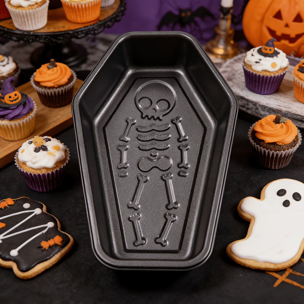 10-inch Coffin Cake Mold with Skull Design, Heavy-duty Carbon Steel Non-stick, Rectangular Baking Mold, Suitable for Halloween Cakes, Cupcakes, And Gothic Desserts. Includes Skull Cake Mold, Halloween Baking Gadgets, And Creative Cake Molds.