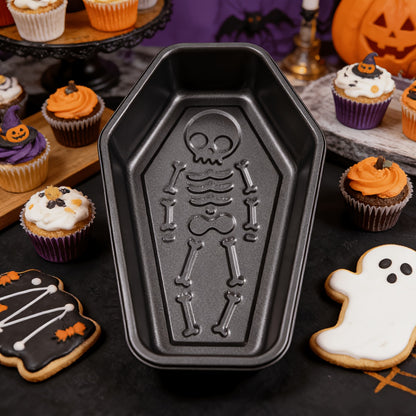 Coffin Cake Pan, 10-Inch Nonstick Carbon Steel Baking Mold with Skull Design Reference for Halloween Party Cakes, Gothic Desserts and Creative Home Baking
