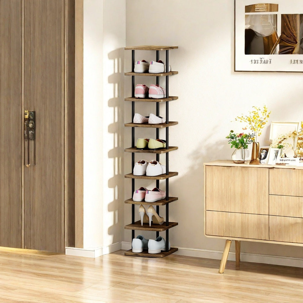 9-Tier Vertical Shoe Tower in Black with Narrow Freestanding Design and Removable-Layer Reference for Footwear Storage in Closets, Entryways and Bedrooms