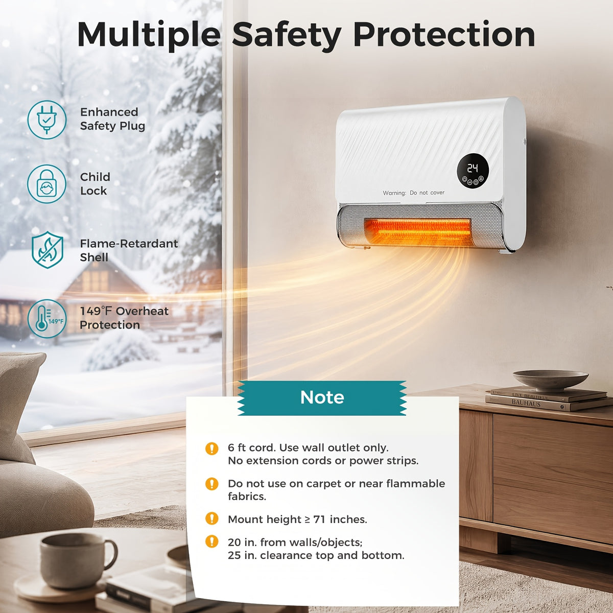1500W Wall Panel Space Heater with Listed Remote Control and Three Fan Speeds, White or Gray Options for Home Heating and Space-Conscious Wall Installation