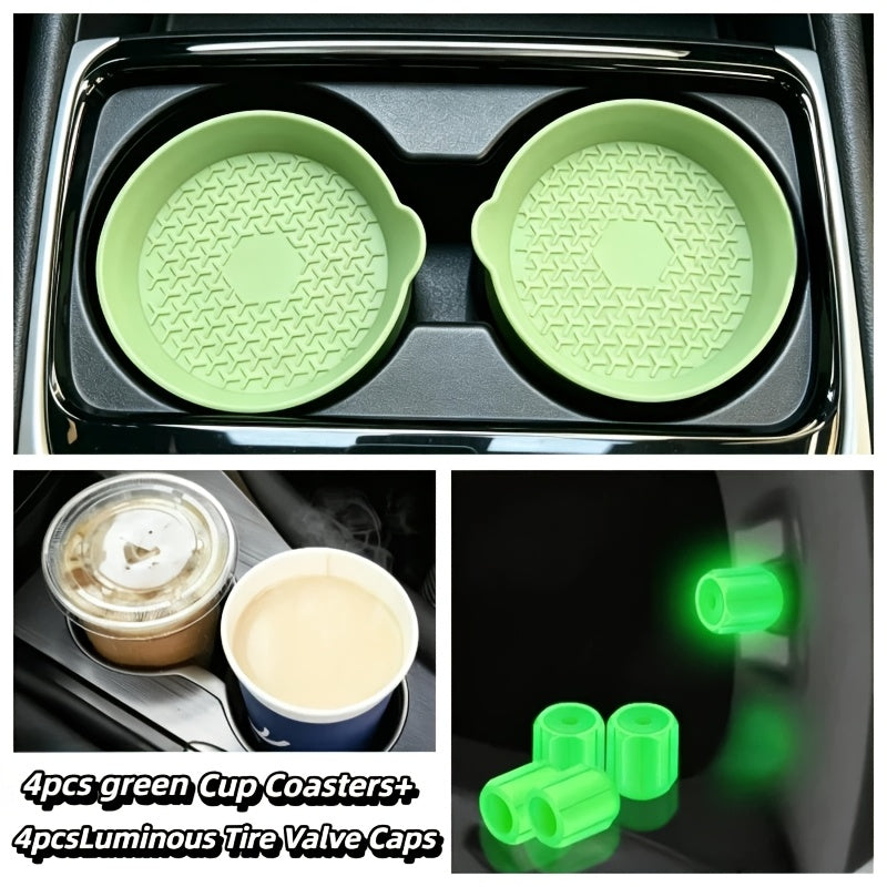 Silicone Car Cup Holder Coasters in Two- or Four-Piece Options, Anti-Slip Cup Mats with Multiple Colors and Selected Glow-in-the-Dark Accessory Bundles