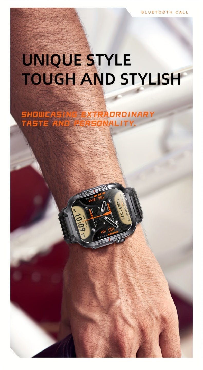 LED Flashlight Calling Smartwatch with Listed 2.02-Inch TFT Screen, Step Counting and Sleep Tracking Features, iOS Android Option for Everyday Wear