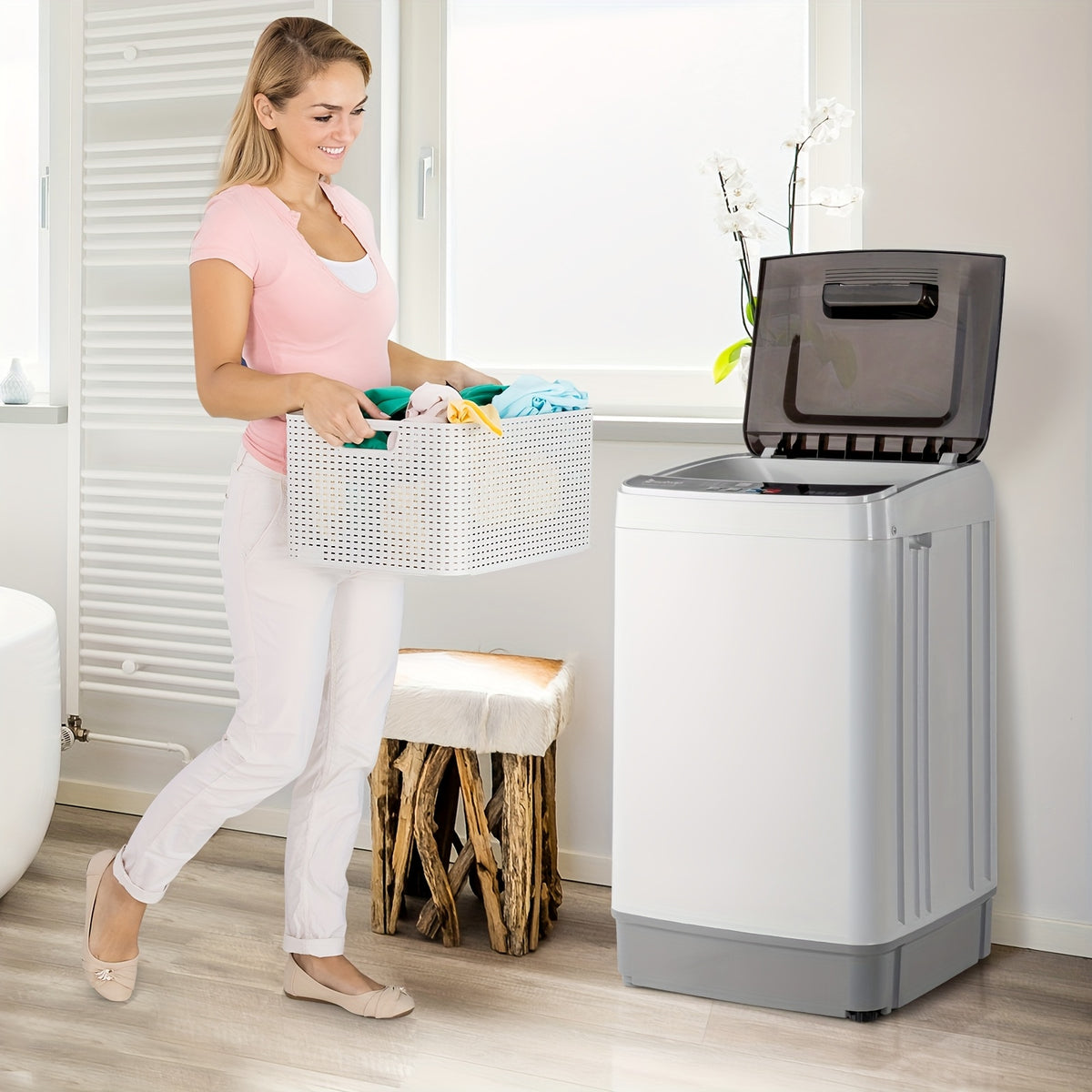 Automatic Top Load Portable Washing Machine with Spin Cycle and Listed Drain Pump, Multiple Gray or White Capacity Options for Apartment, Dorm and RV Laundry