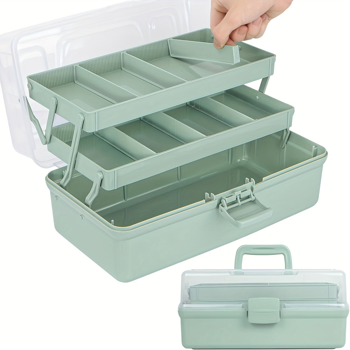 Folding Craft Storage Box with Listed Three-Layer Adjustable Design and Transparent Lid, Portable Organizer for Sewing Tools, Art Supplies and Scrapbooking Materials