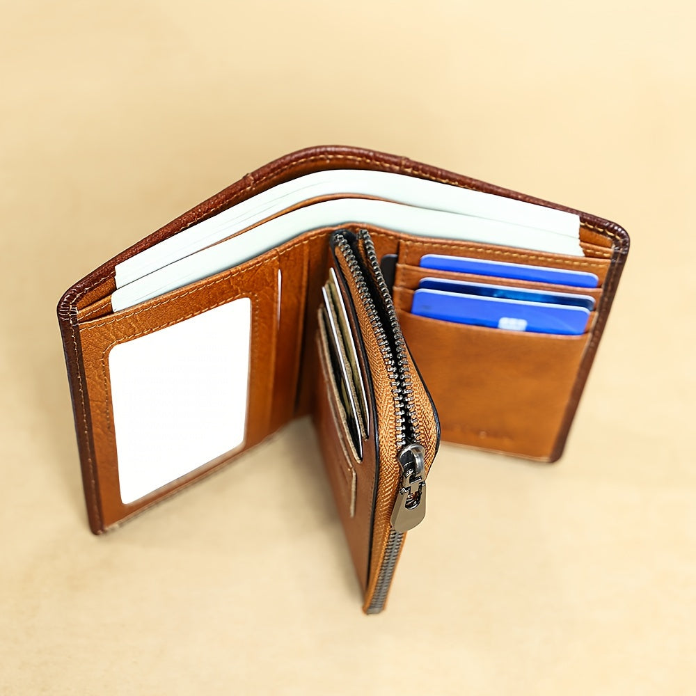 Trifold Leather Wallet for Men with Eight Card Slots, Two ID Windows, Coin Pocket and Two Banknote Sections, Yellow Brown, Black or Coffee Color for Daily Carry