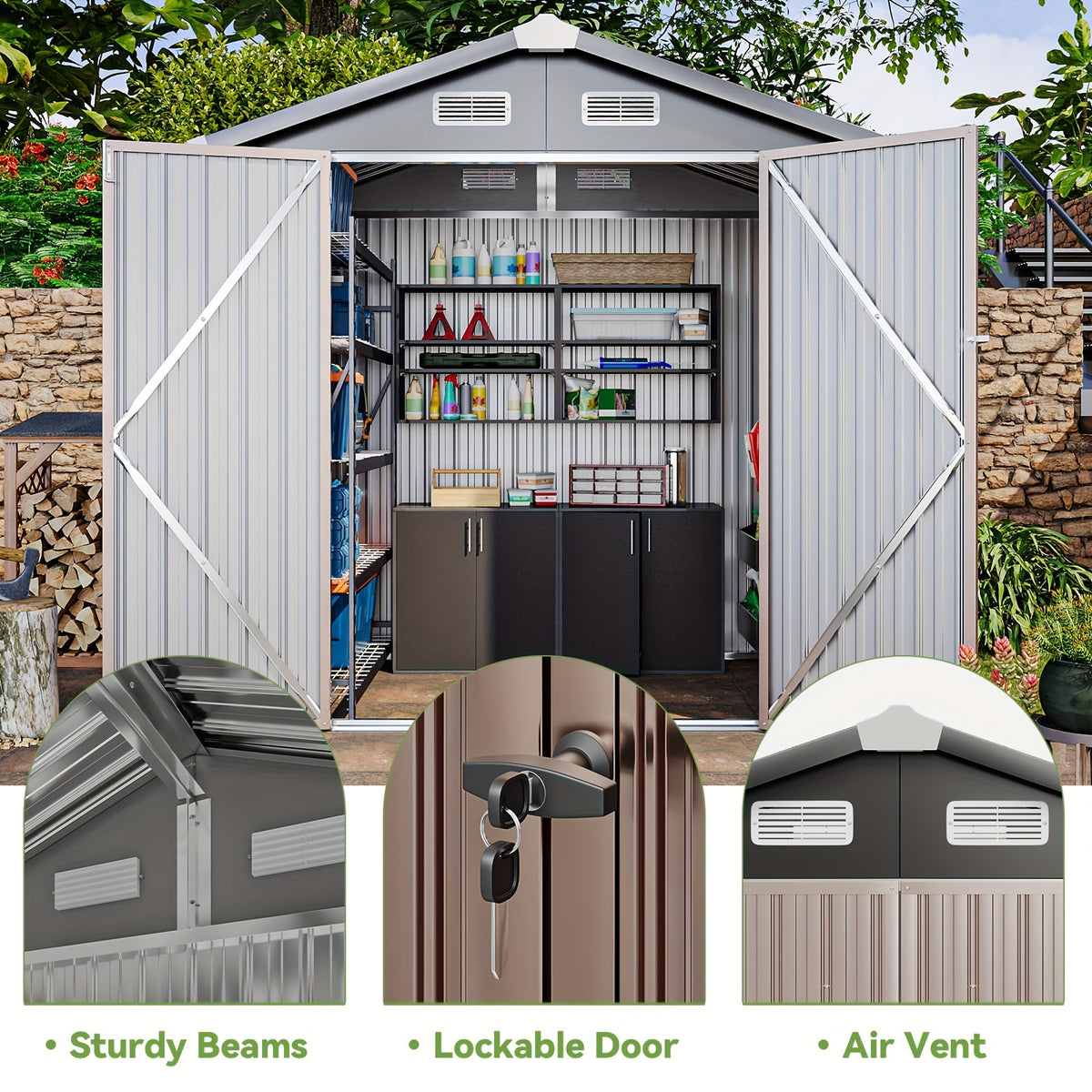 Metal Garden Storage Shed, 6 x 4 FT Class Outdoor Tool Building with Galvanized Steel Frame, Padlock-Ready Doors, Sloped Roof and Vents for Backyard Organization