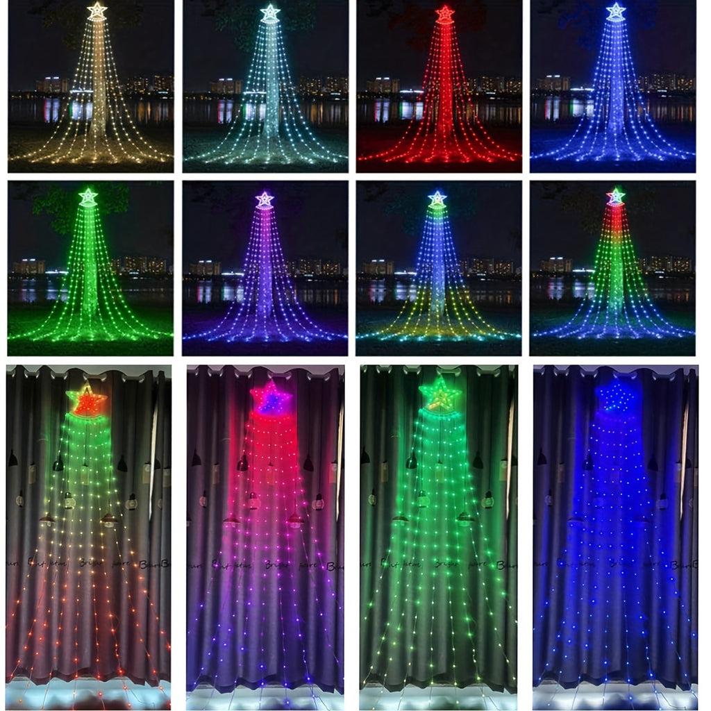 Waterfall Christmas Tree Lights with Star and Listed 350 LEDs, 11.8ft RGB Music-Sync Holiday Display with Remote, App Control, Timer and USB Power