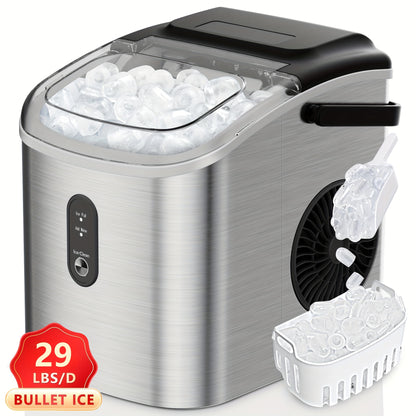 Portable Bullet Ice Machine, Self-Cleaning Ice Maker with Scoop and Basket, Black 26lb or Red and Silver 29lb Labeled Options for Kitchen Drinks and Gatherings