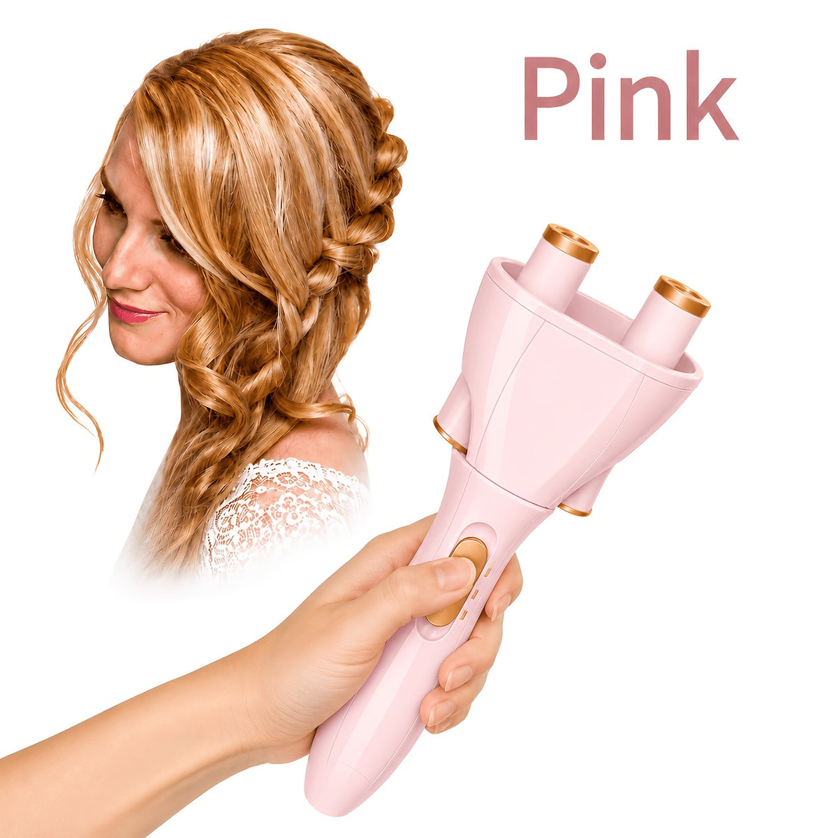 Automatic Hair Twister in Pink, Cordless Electric One-Button Styling Tool for Long Hair, Everyday Looks, Travel, Parties and Weddings, Battery Not Included