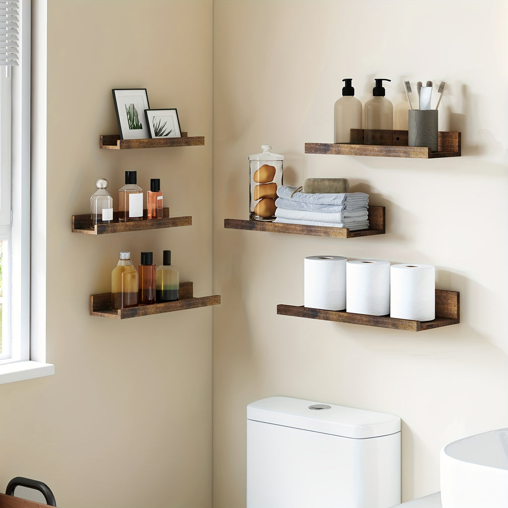 Six-Size Floating Wall Shelf Set with White, Brown or Black Options, Six Listed Wall-Mounted Shelves for Bedroom Organization and Decorative Home Displays