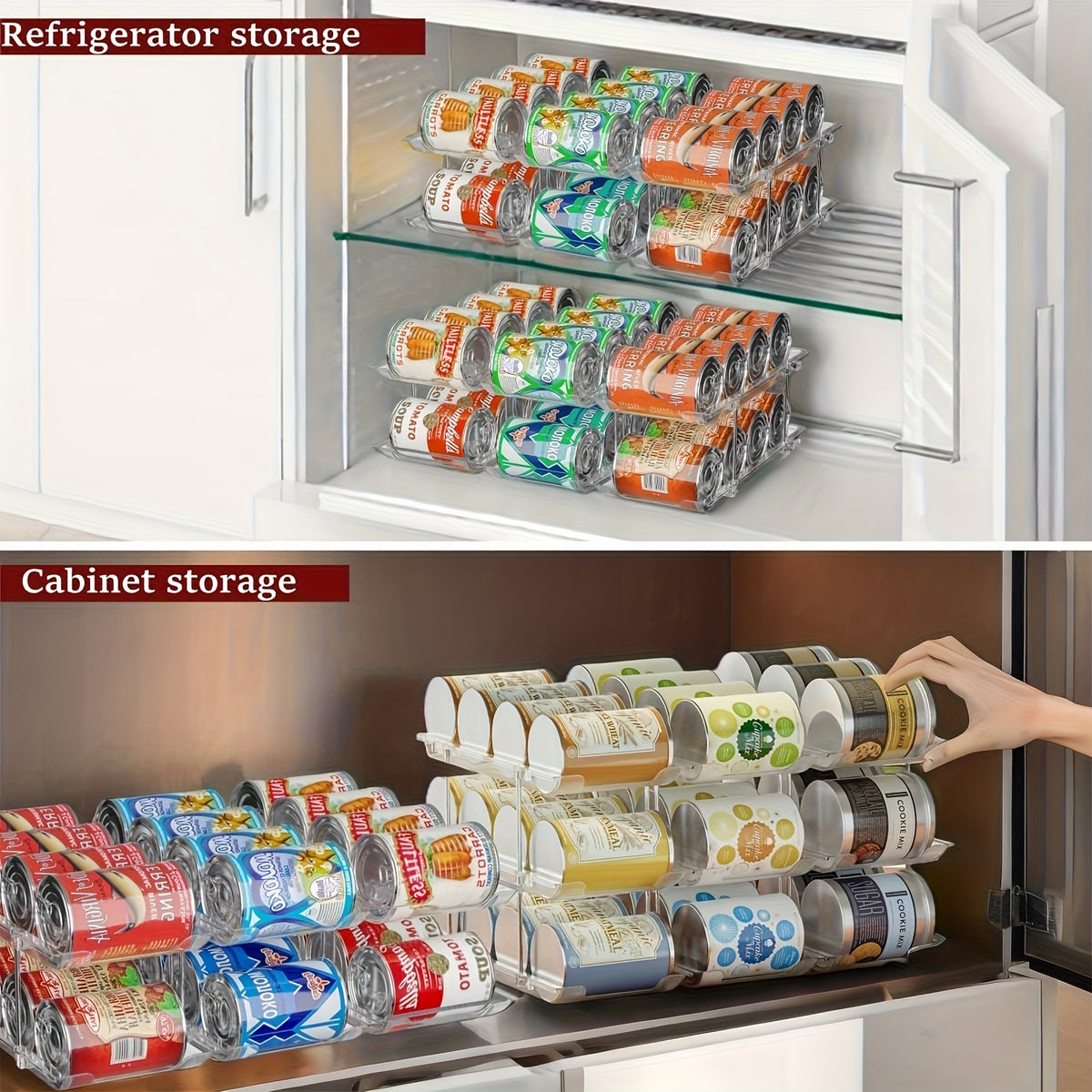 Three-Tier Can Organizer Rack, Clear Plastic Stackable Rolling Storage for Soda and Canned Foods, 3 Layers-3 Sets Option with Listed 36-Can Capacity Reference