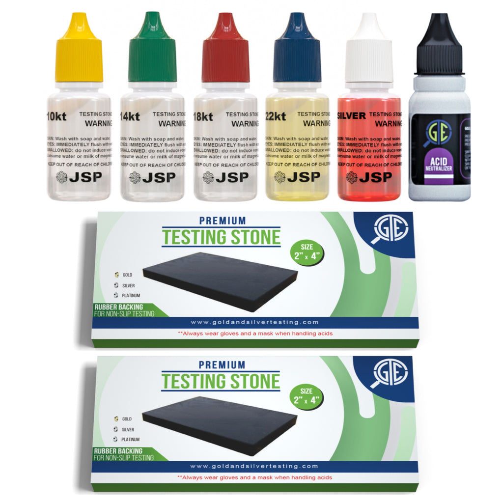 Jewelry Testing Kit with Listed 10K, 14K, 18K, 22K and Silver Solutions, Neutralizer and Two Rubber-Backed Test Stones for Experienced Adult Metal Evaluation