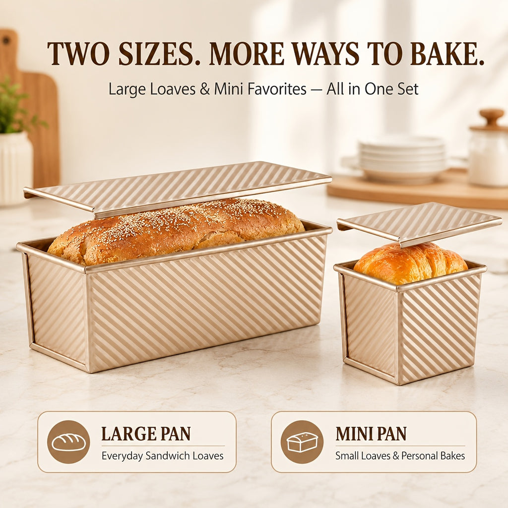 Pullman Loaf Pan Set with Lids, Golden Nonstick Corrugated Carbon Steel Bread Pans in Listed 2.2 LB and 0.5 LB Sizes for Sandwich Bread, Sourdough and Toast
