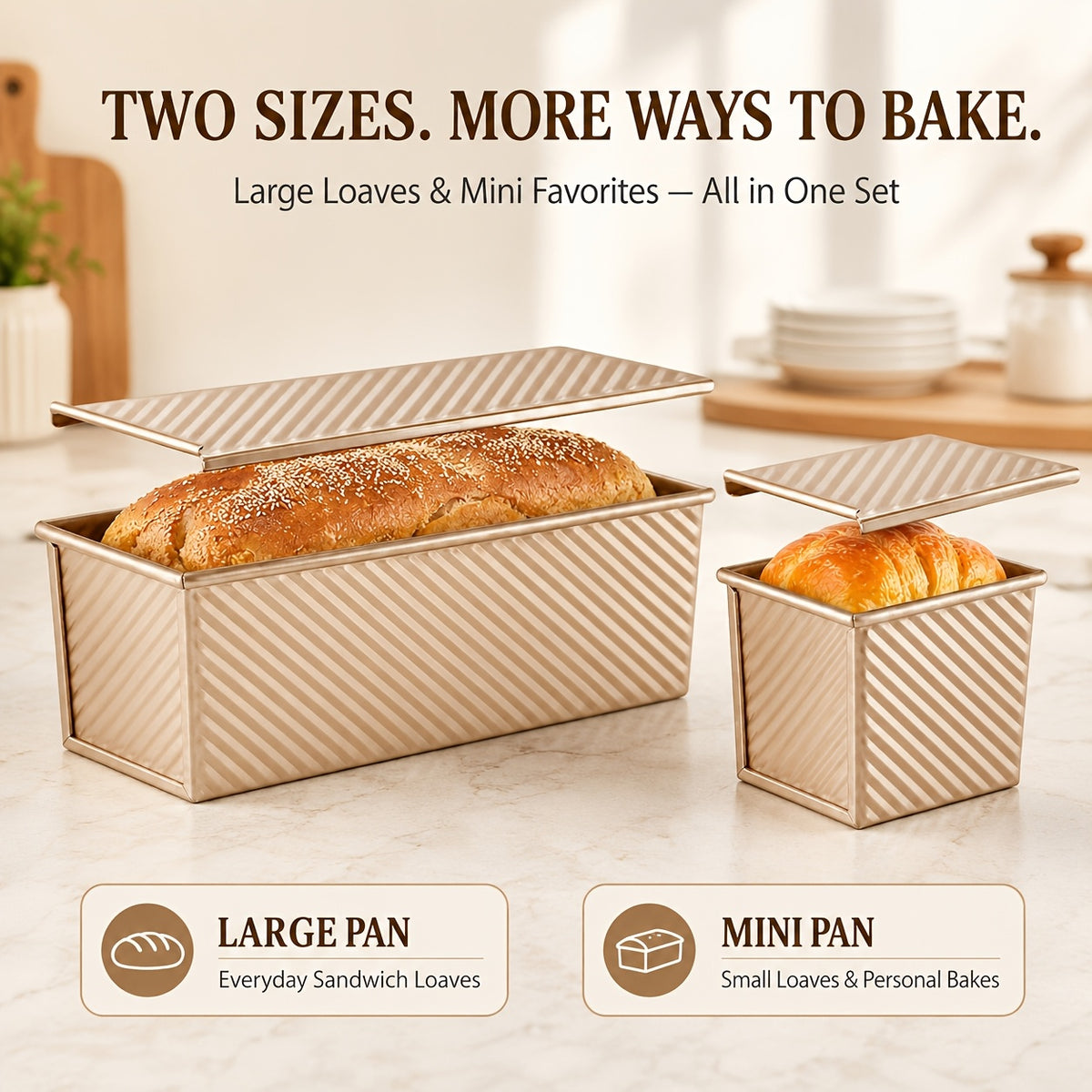 Pullman Loaf Pan Set with Lids, Golden Nonstick Corrugated Carbon Steel Bread Pans in Listed 2.2 LB and 0.5 LB Sizes for Sandwich Bread, Sourdough and Toast
