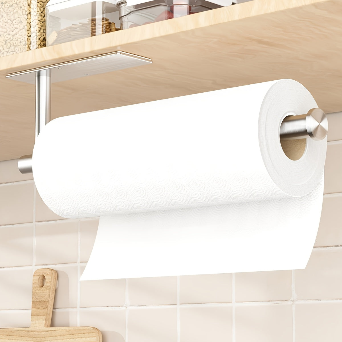 Self-Adhesive Paper Towel Holder in Stainless Steel, Single No-Drill Wall-Mounted Roll Organizer in Silvery or Black for Kitchen and Bathroom Storage