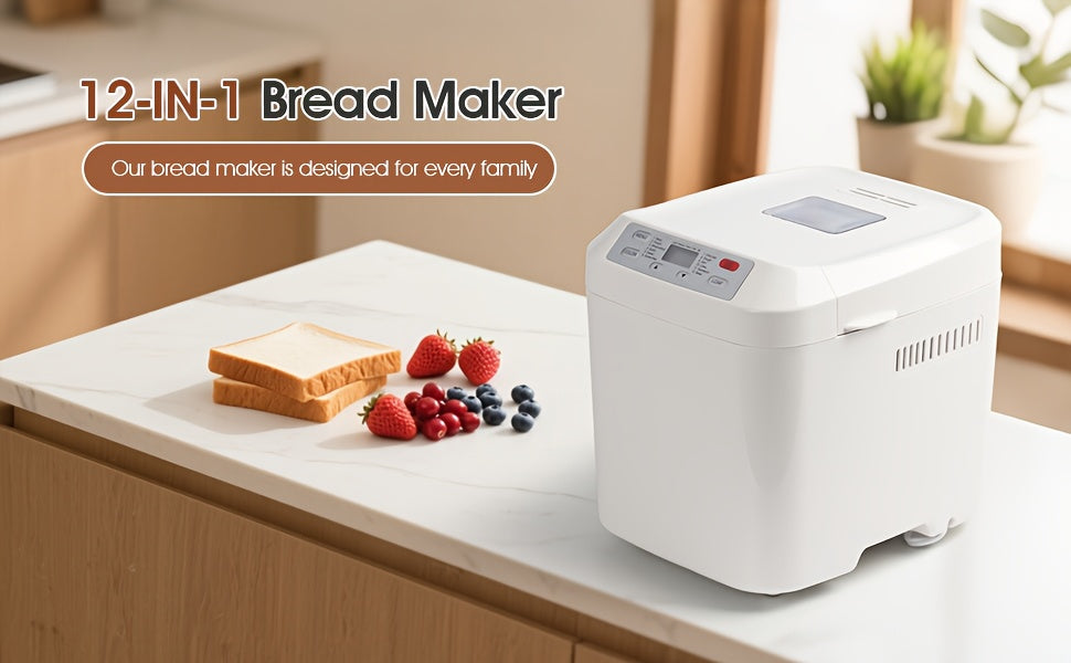 Bread Machine 2LB 12-in-1 with Gluten-Free Setting, Nonstick Pan, 2 Loaf Sizes, 13-Hour Delay and 1-Hour Keep Warm for Home Baking in White