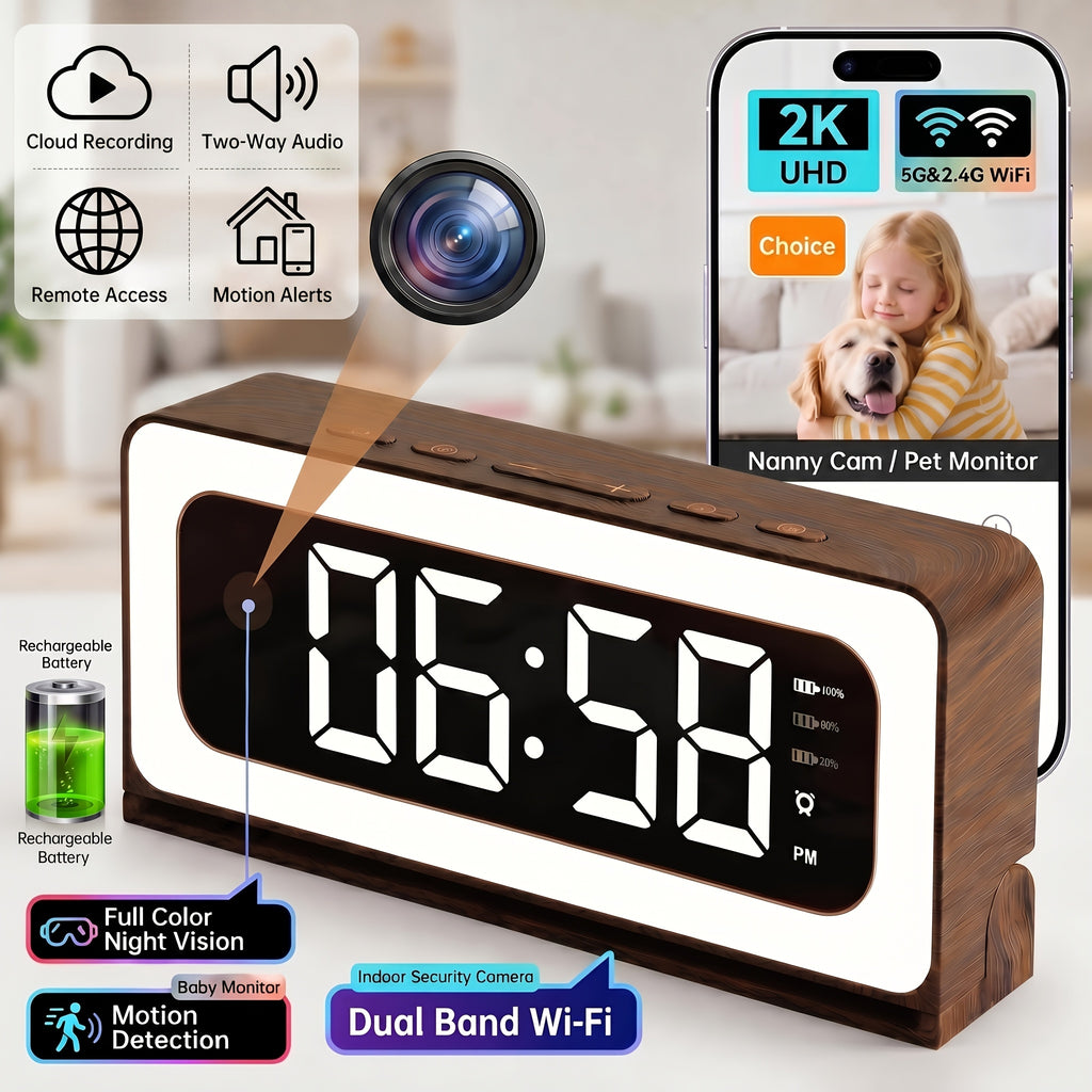 Wood-Grain Indoor Security Clock Camera with Listed 2K Video, Dual-Band WiFi, Color Night Vision, Motion Alerts, Rechargeable Battery and Optional microSD Storage