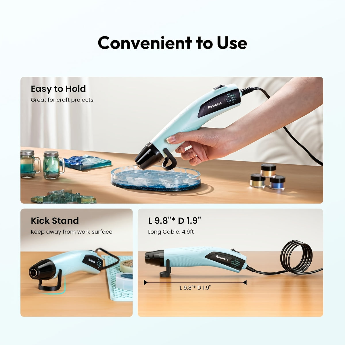Dual-Temperature Craft Heat Gun by Resiners, Listed 350W Resin Heat Tool with Three Nozzles, Finger Caps and 4.9ft Power Cord for Embossing and Shrink Wrap