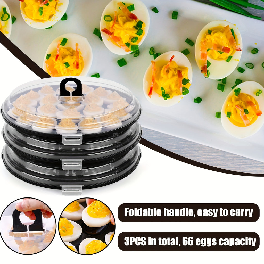 Deviled Egg Carriers with Lids and Folding Handles, Three 11.8-Inch Round Stackable PP Trays with 22 Slots Each for Party Prep, Serving and Upright Transport