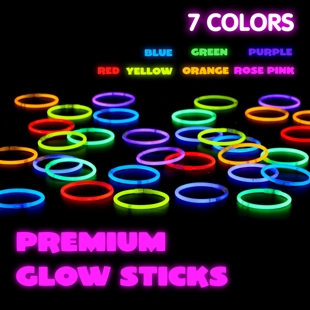 Glow Sticks Party Pack by SYNCFUN, 100 Eight-Inch Sticks with 100 Connectors and Seven Listed Colors for Bracelets, Necklaces and Holiday Celebrations