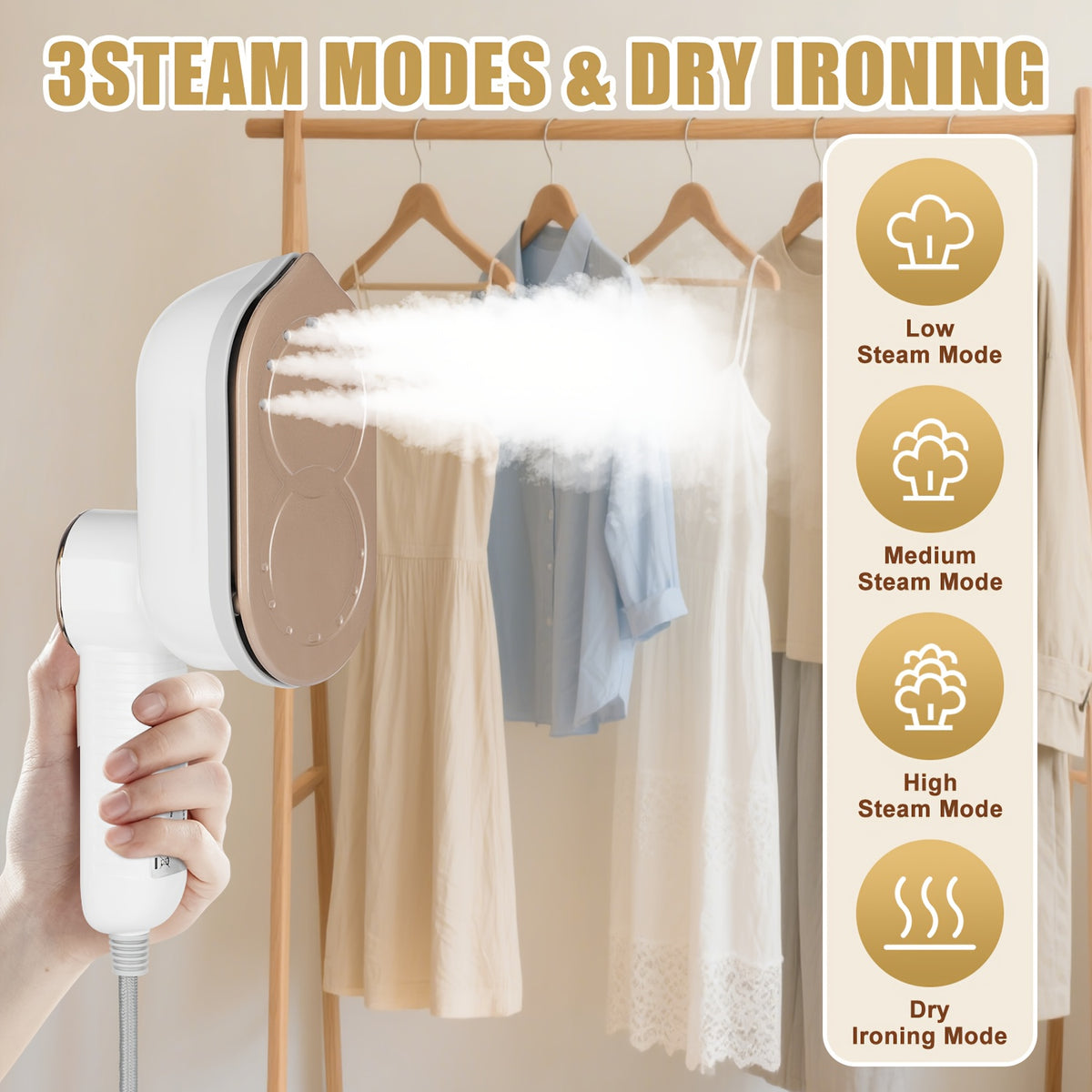 2-in-1 Travel Steam Iron with LCD Display, 1200W Foldable Mini Garment Steamer with 3 Steam Levels, Wet and Dry Modes for Wrinkle-Free Clothes at Home, Office and On the Go, 6oz Tank, White