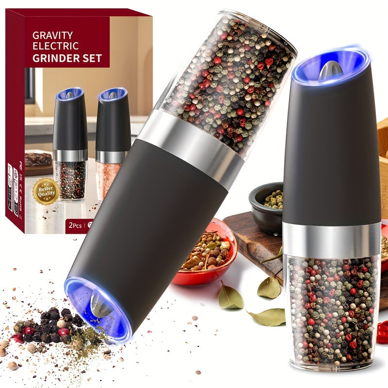 Electric Salt and Pepper Mill with Adjustable Coarseness and LED Light for Kitchen Seasoning, Single or Two-Piece Selections with Gravity-Sensing and USB Option Labels