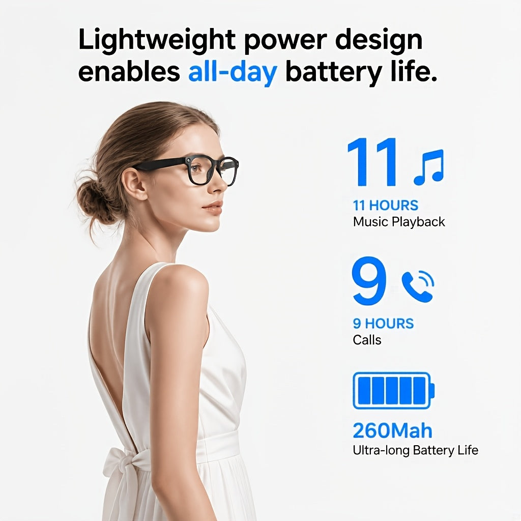 Black Smart Camera Glasses with Listed 8MP Photos, 1080P Video, Photochromic Lenses, Dual Speakers and 260mAh Type-C Charging for Travel and Office Use
