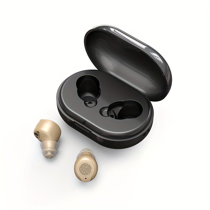 USB Charging Hearing Device with Light Beige Unit and Black Charging Box, Listed 320mAh Case Battery, Noise Reduction and 10-Second Delayed Startup