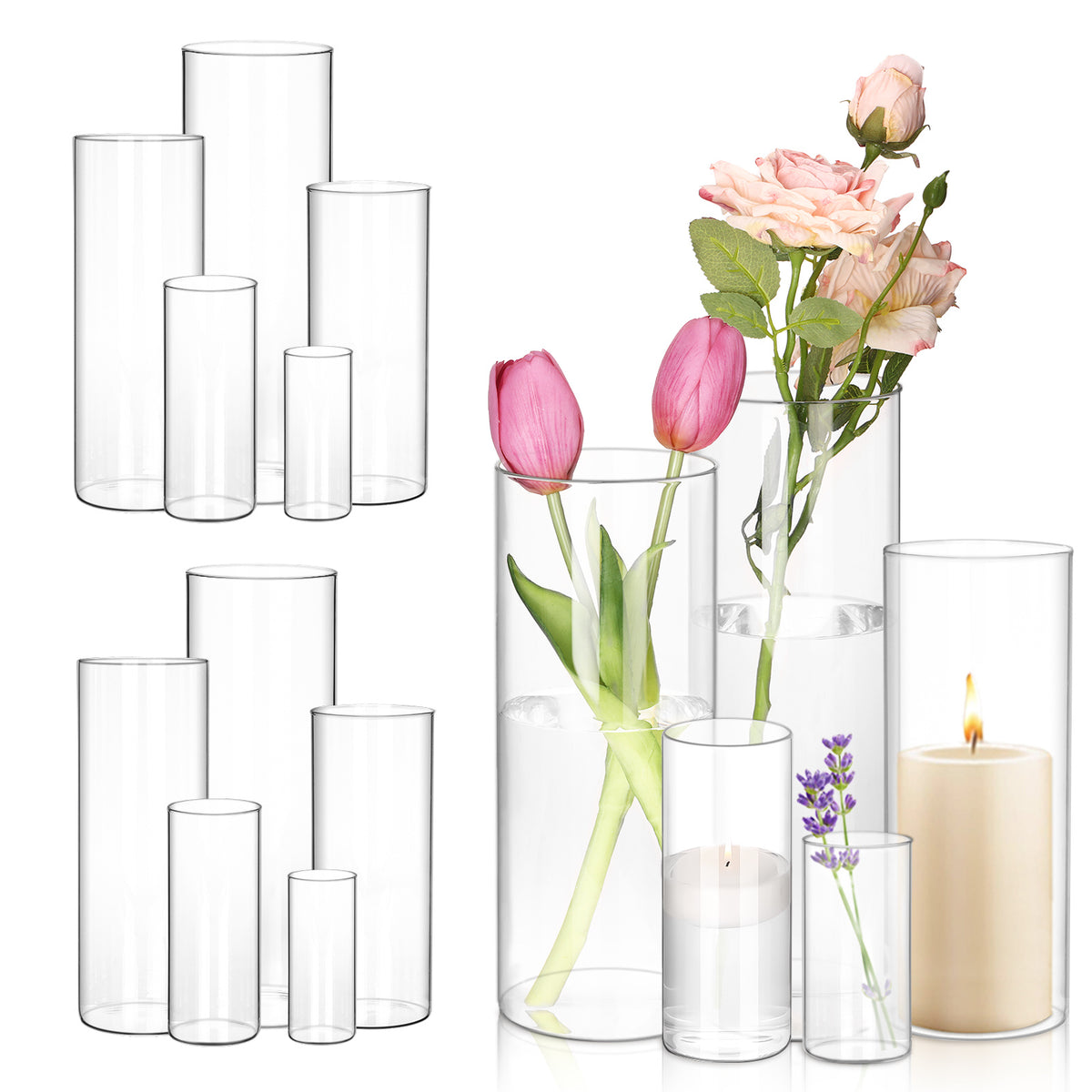 Glass Cylinder Vase Set, 15 Clear Round Vases in Five Heights from 4 to 11.8 Inches for Layered Wedding Centerpieces, Flower Arrangements and Home Table Decor