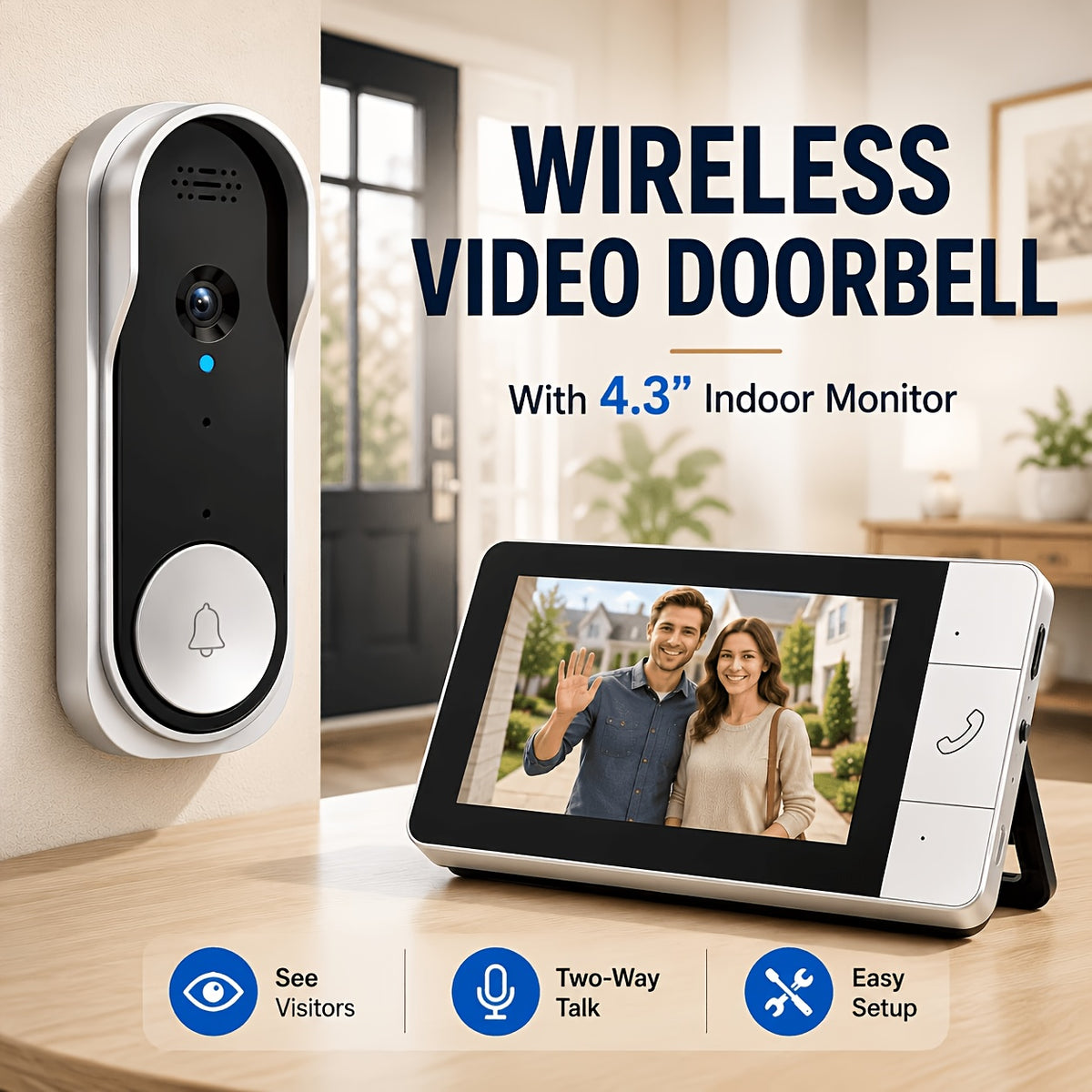 1080P Upgraded Wireless Video Doorbell, No Wi-Fi Required, 4.3" Display, 2.4G Wireless Signal, Full Body View, No Monthly Fees, Two-Way Talk, Indoor Chime, Rechargeable Battery, Motion Detection, Auto Capture, Free Cloud And TF Card Storage