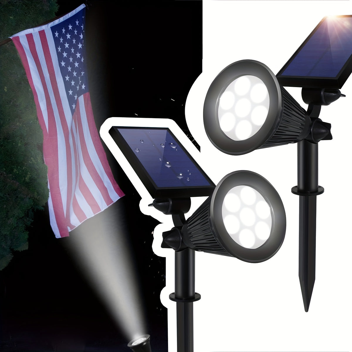 Solar Landscape Spotlight Pair in White or Warm Light, Adjustable Garden Accent Lamps with Listed 7 LEDs and IP44 Rating for Ground or Wall Installation