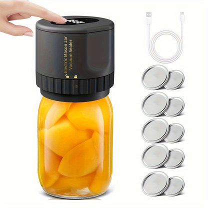 Electric Mason Jar Vacuum Sealer with One-Touch Operation, USB Rechargeable Kitchen Jar Sealing Tool with Wide and Narrow Mouth Lids, Black or White Options