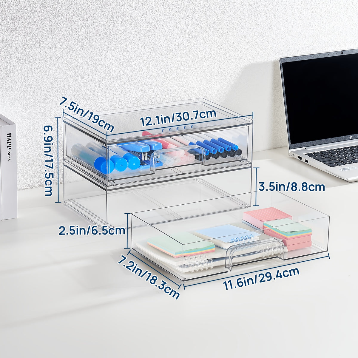 Clear Stackable Storage Drawers in Two-Pack Wide or Four-Pack Wide and High Options, Acrylic Desk Organizers for Office Supplies, Vanity Items and Art Materials