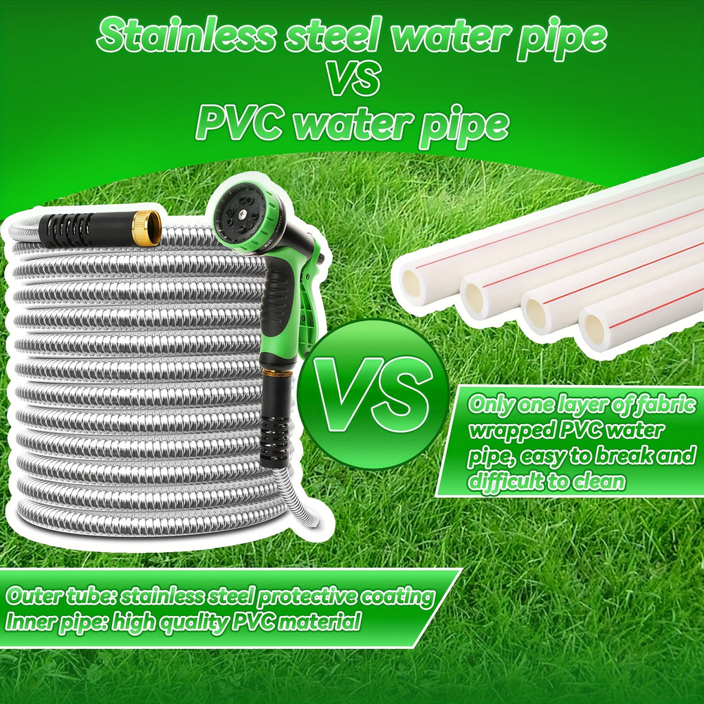 Metal Outdoor Watering Hose with Listed Stainless Steel Design, 50ft or 100ft Options and Ambiguous Three-Fitting and Ten-Function Nozzle Wording for Garden Care