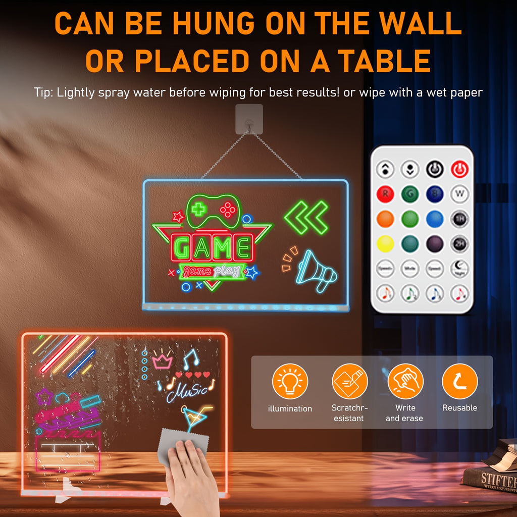 LED Erasable Drawing Board 13.7 x 10 Inch, RGB+IC Acrylic Message Sign with 21 Lighting Effects, Remote and App Control and 12-Color Pens