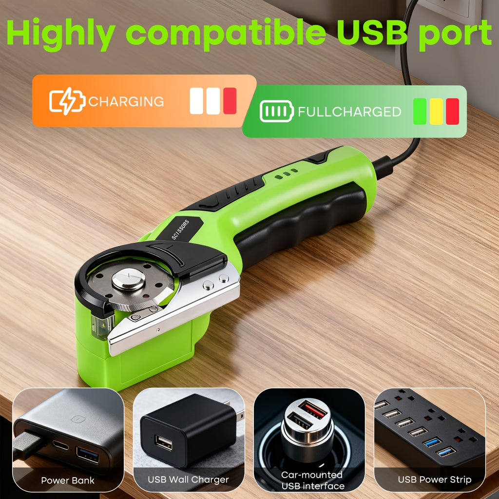 Cordless Electric Scissors in Green with Listed 4V Power, 2000mAh Battery, Three Rotary Blades, Safety Lock and USB Cable for Compatible DIY Cutting