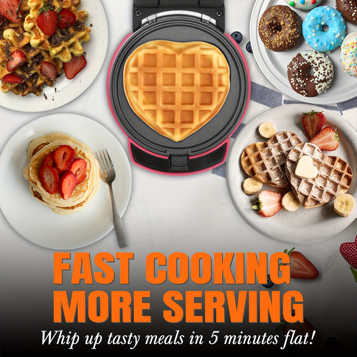 4-in-1 Mini Waffle and Pancake Maker with Removable Plates, Listed Donut and Heart-Shape Functions, Recipe Included, Graphite, Red or Blue for Home Breakfasts