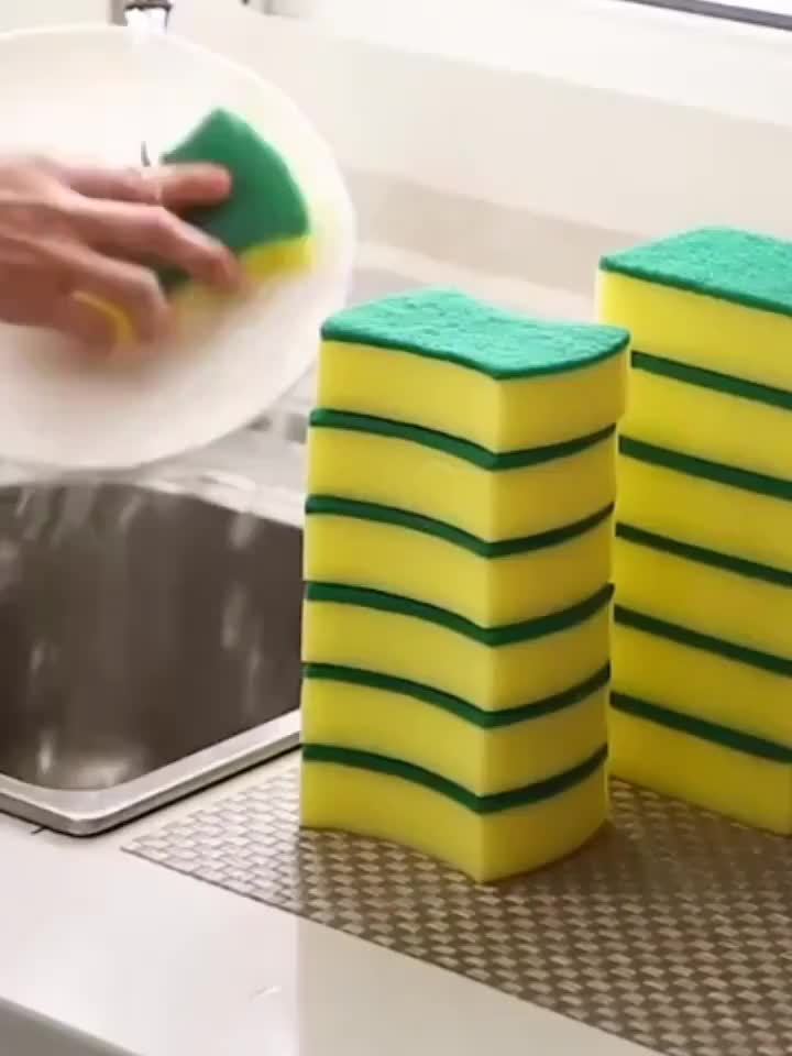 Waist-Shaped Cleaning Sponges in Yellow and Green, 12- or 24-Piece Double-Sided Scouring Pad Options for Compatible Dishwashing and Household Kitchen Cleanup