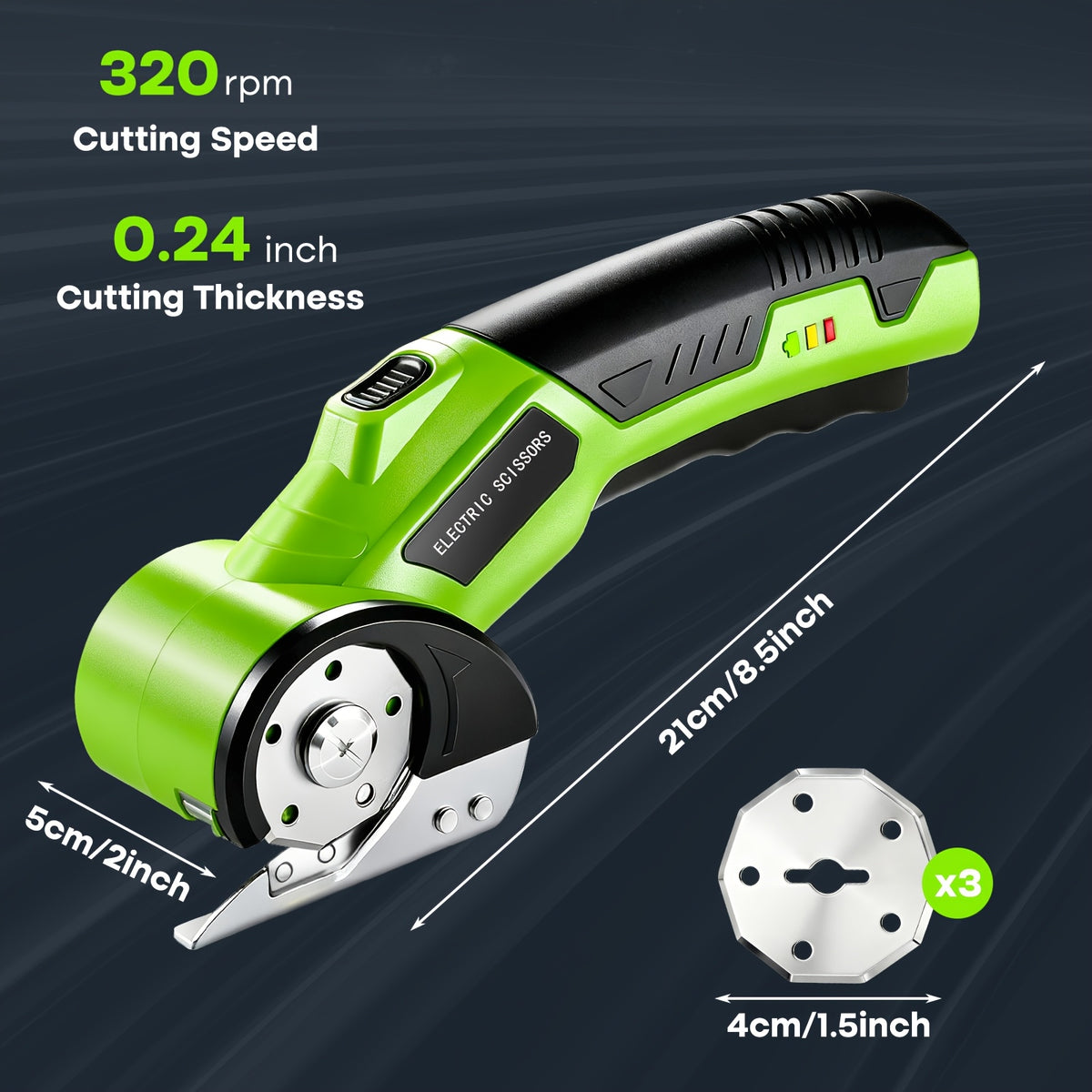 Cordless Electric Scissors in Green with Listed 4V Power, 2000mAh Battery, Three Rotary Blades, Safety Lock and USB Cable for Compatible DIY Cutting