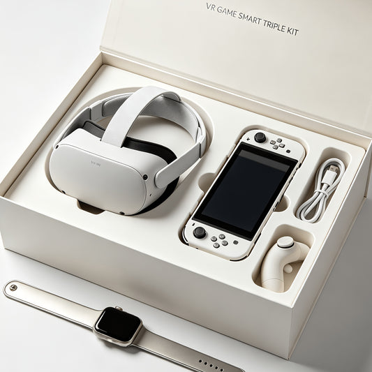 Phone VR Headset Bundle with Retro Handheld Game Console and Watch, Three-Piece Set with Listed 4.5–7-Inch Phone Fit and Multiple Color Combinations